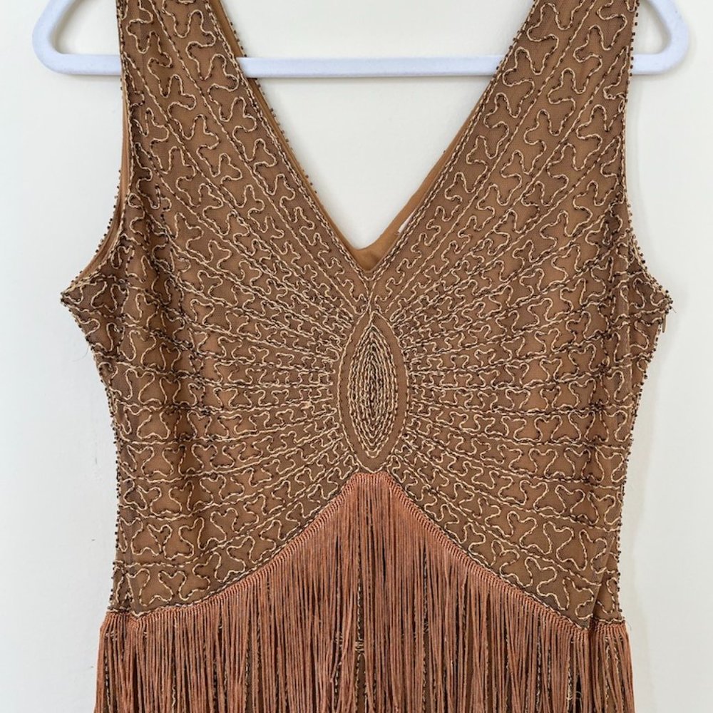 1920s Style Antique Gold Beaded Renee Fringe Cocktail Dress - Picture 3 of 10